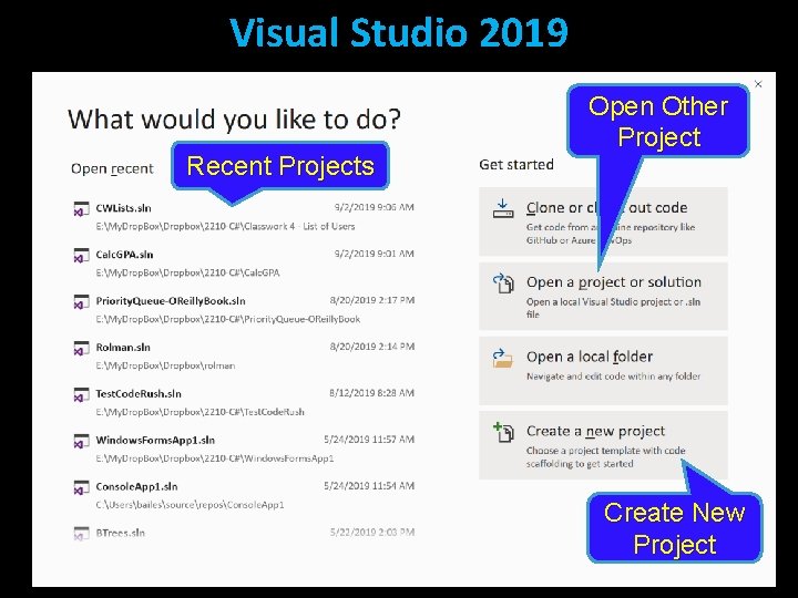 Visual Studio 2019 Recent Projects Open Other Project Create New Project Visual Studio 2019 Recent Projects Open Other Project Create New Project