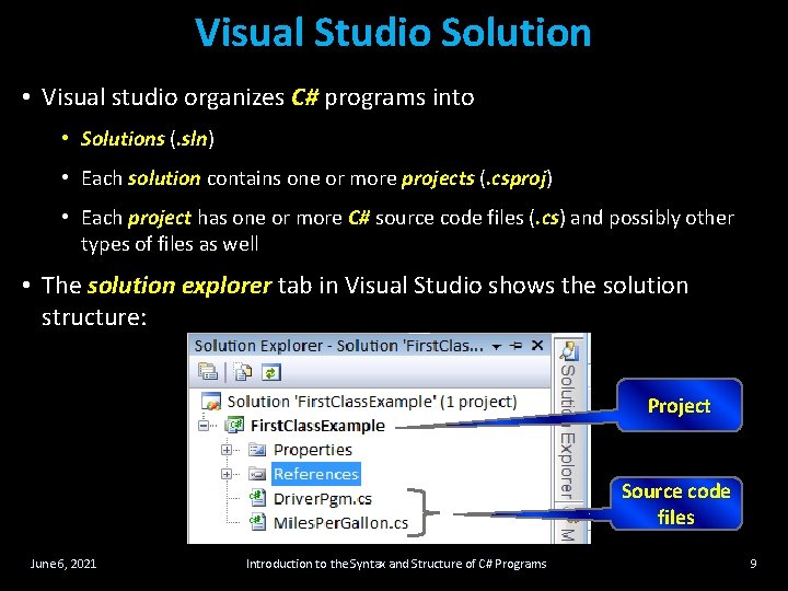Visual Studio Solution • Visual studio organizes C# programs into • Solutions (. sln) Visual Studio Solution • Visual studio organizes C# programs into • Solutions (. sln)