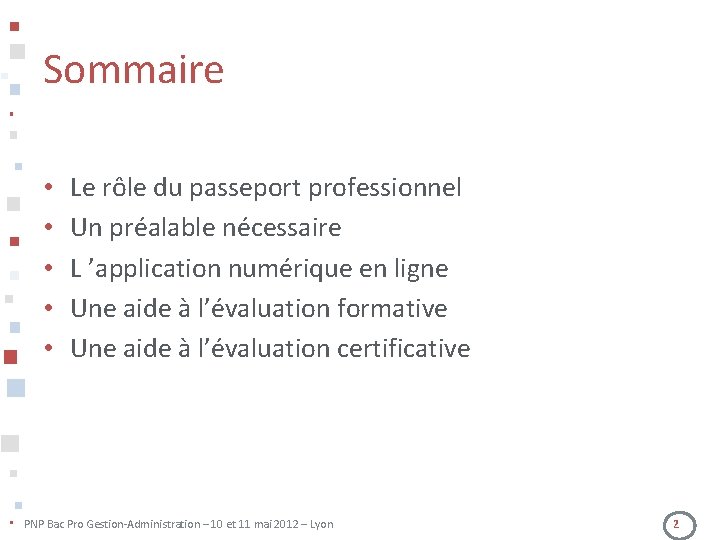 Sommaire • • • Le rôle du passeport professionnel Un préalable nécessaire L ’application