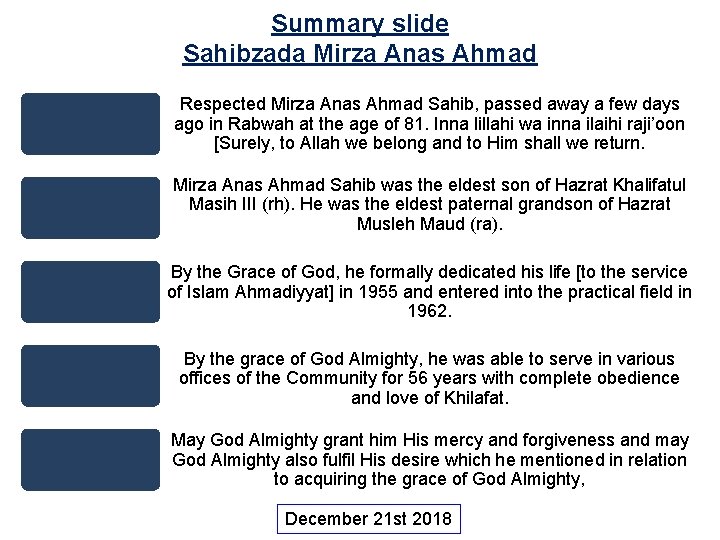 Summary slide Sahibzada Mirza Anas Ahmad Respected Mirza Anas Ahmad Sahib, passed away a