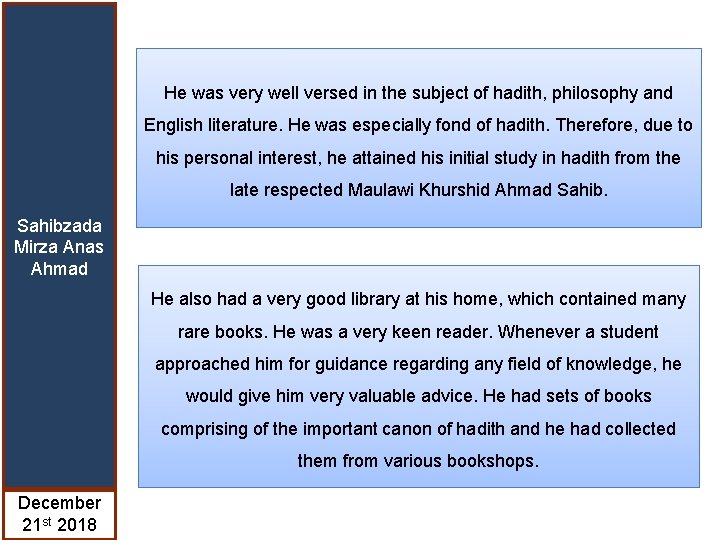 He was very well versed in the subject of hadith, philosophy and English literature.