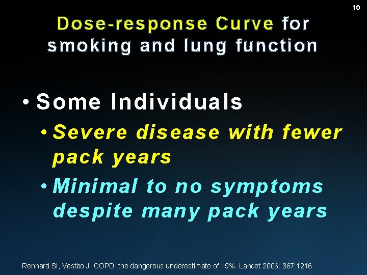 10 Dose-response Curve for smoking and lung function • Some Individuals • Severe disease