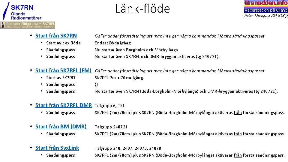 Länk-flöde • Start från SK 7 RN • Start av t ex Böda •