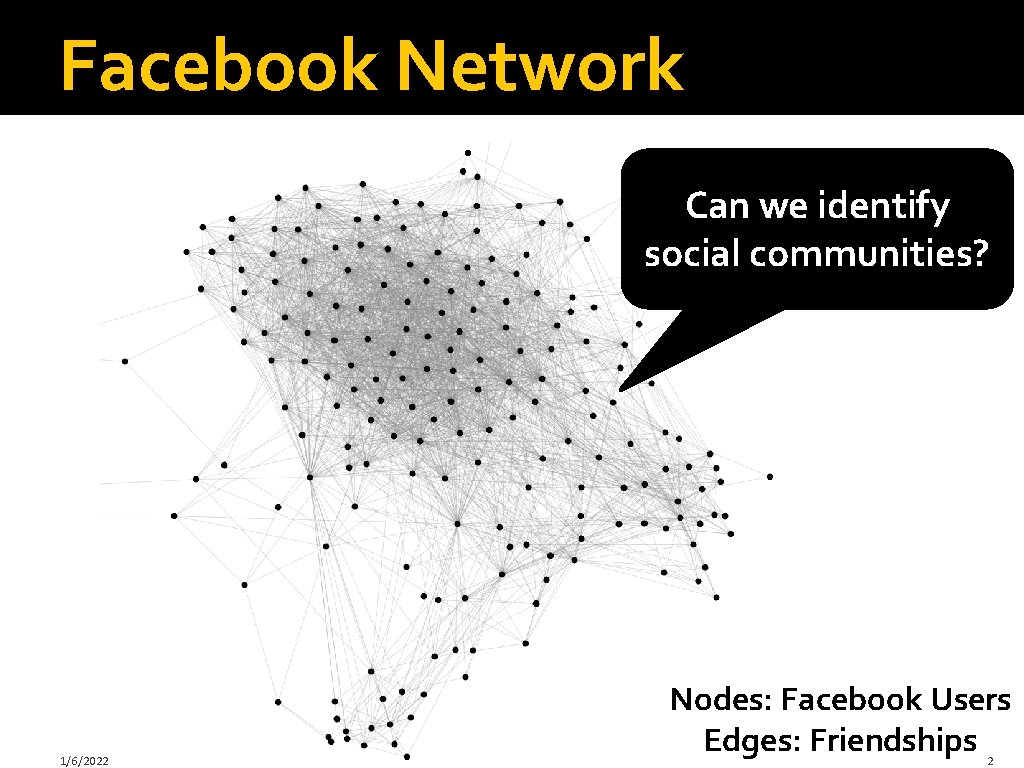 Facebook Network Can we identify social communities? 1/6/2022 Nodes: Facebook Users Edges: Friendships 2