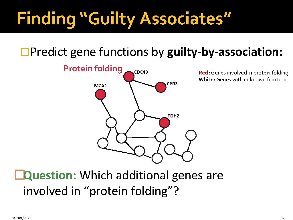 Finding “Guilty Associates” �Predict gene functions by guilty-by-association: Protein folding MCA 1 CDC 48