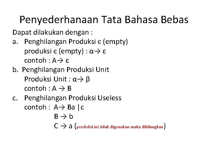 Penyederhanaan Tata Bahasa Bebas Dapat dilakukan dengan : a. Penghilangan Produksi є (empty) produksi