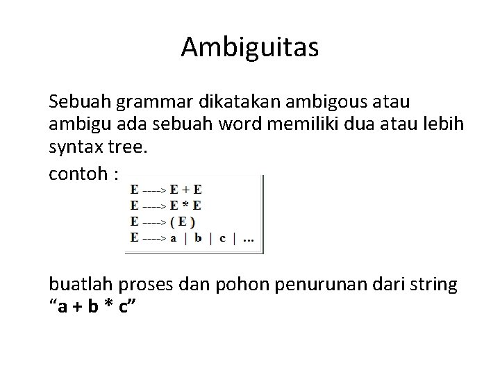Ambiguitas Sebuah grammar dikatakan ambigous atau ambigu ada sebuah word memiliki dua atau lebih