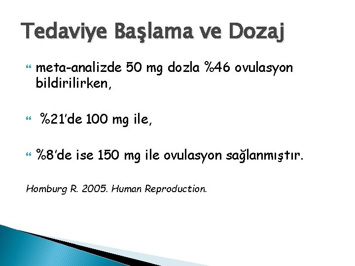 Tedaviye Başlama ve Dozaj meta-analizde 50 mg dozla %46 ovulasyon bildirilirken, %21’de 100 mg