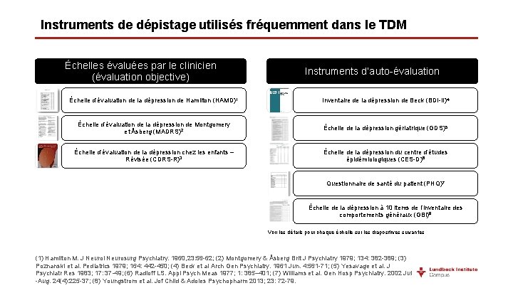 Instruments de dépistage utilisés fréquemment dans le TDM Échelles évaluées par le clinicien (évaluation