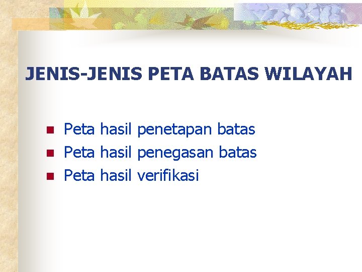 JENIS-JENIS PETA BATAS WILAYAH n n n Peta hasil penetapan batas Peta hasil penegasan