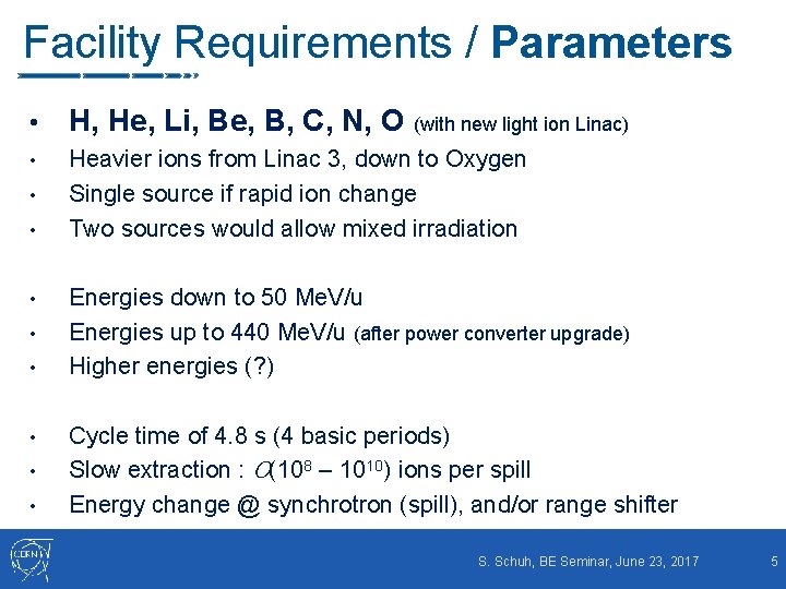 Facility Requirements / Parameters • H, He, Li, Be, B, C, N, O (with