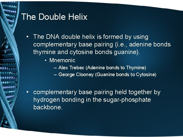 The Double Helix • The DNA double helix is formed by using complementary base