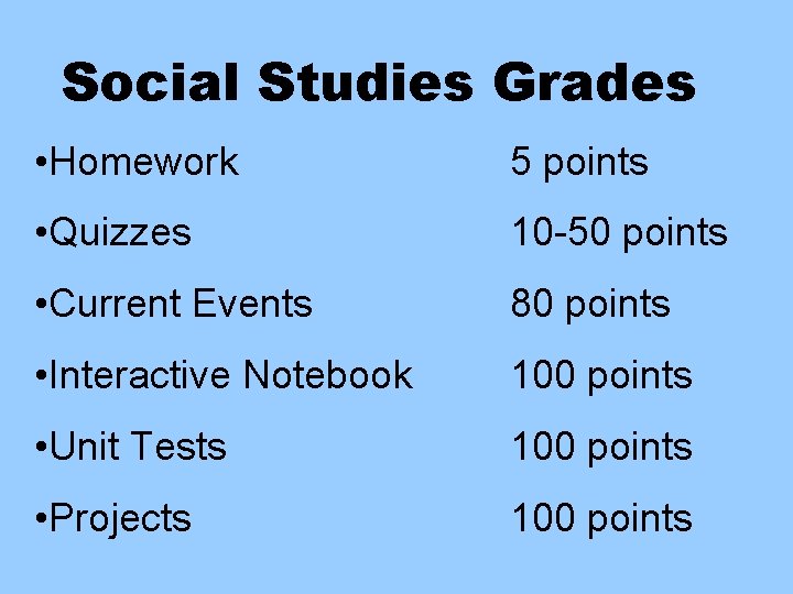 Social Studies Grades • Homework 5 points • Quizzes 10 -50 points • Current