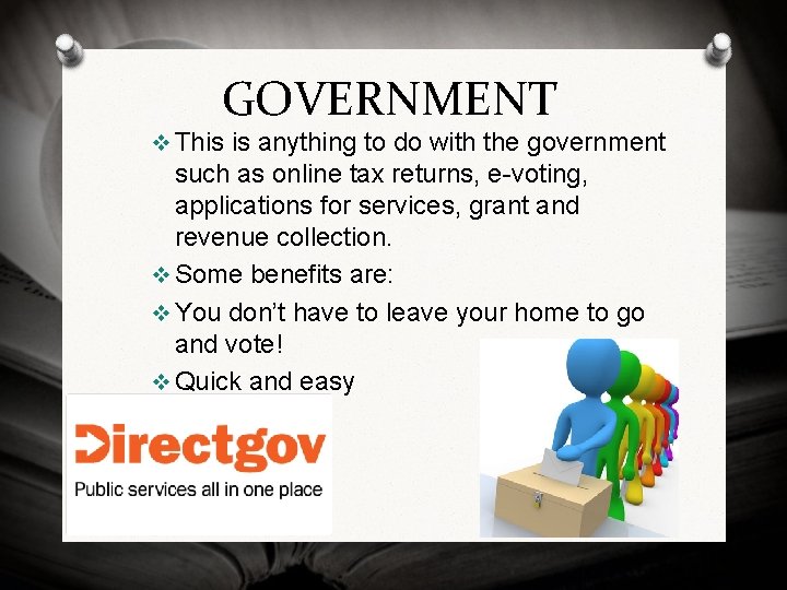 GOVERNMENT v This is anything to do with the government such as online tax