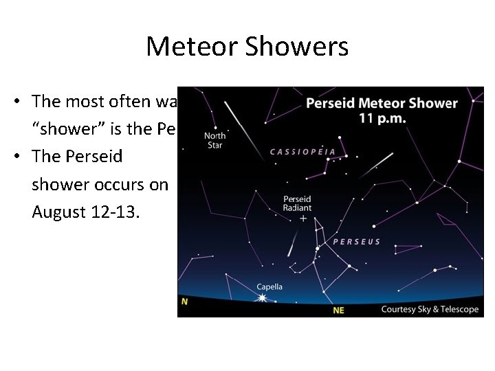 Meteor Showers • The most often watched “shower” is the Perseids. • The Perseid