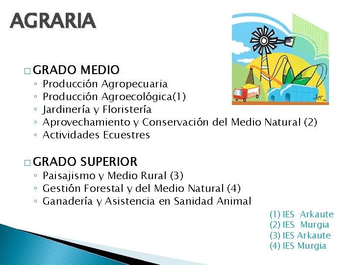 AGRARIA � GRADO MEDIO � GRADO SUPERIOR ◦ ◦ ◦ Producción Agropecuaria Producción Agroecológica(1)