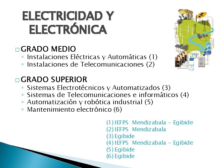ELECTRICIDAD Y ELECTRÓNICA � GRADO MEDIO � GRADO SUPERIOR ◦ Instalaciones Eléctricas y Automáticas