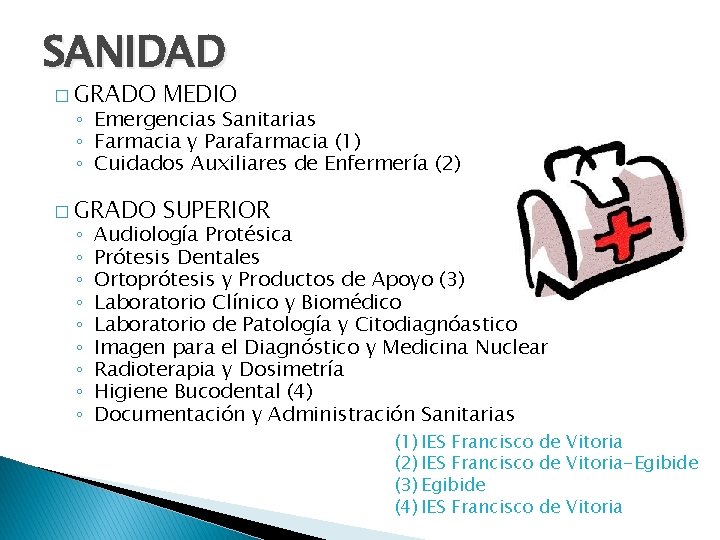 SANIDAD � GRADO MEDIO � GRADO SUPERIOR ◦ Emergencias Sanitarias ◦ Farmacia y Parafarmacia