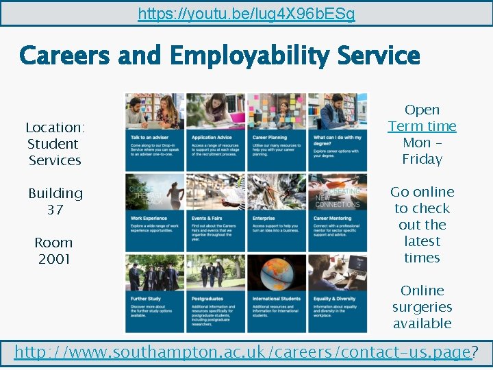https: //youtu. be/lug 4 X 96 b. ESg Careers and Employability Service Location: Student