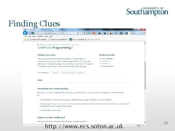 Finding Clues http: //www. ecs. soton. ac. uk 30 