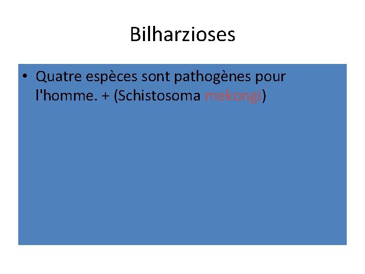 Bilharzioses • Quatre espèces sont pathogènes pour l'homme. + (Schistosoma mekongi) 