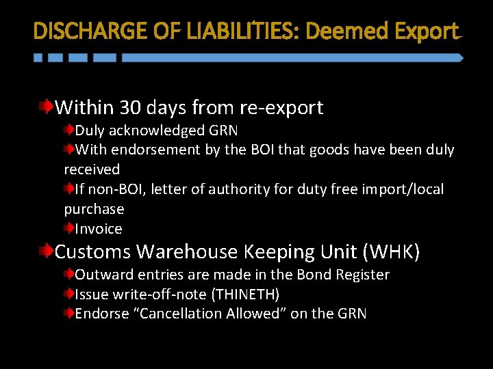 DISCHARGE OF LIABILITIES: Deemed Export Within 30 days from re-export Duly acknowledged GRN With DISCHARGE OF LIABILITIES: Deemed Export Within 30 days from re-export Duly acknowledged GRN With