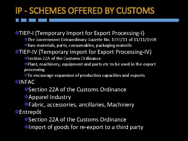 IP - SCHEMES OFFERED BY CUSTOMS TIEP-I (Temporary Import for Export Processing-I) The Government