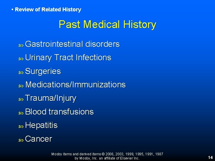 • Review of Related History Past Medical History Gastrointestinal disorders Urinary Tract Infections • Review of Related History Past Medical History Gastrointestinal disorders Urinary Tract Infections