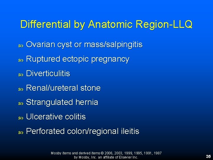Differential by Anatomic Region-LLQ Ovarian cyst or mass/salpingitis Ruptured ectopic pregnancy Diverticulitis Renal/ureteral stone Differential by Anatomic Region-LLQ Ovarian cyst or mass/salpingitis Ruptured ectopic pregnancy Diverticulitis Renal/ureteral stone