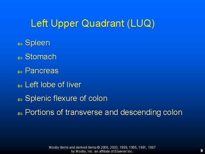 Left Upper Quadrant (LUQ) Spleen Stomach Pancreas Left lobe of liver Splenic flexure of Left Upper Quadrant (LUQ) Spleen Stomach Pancreas Left lobe of liver Splenic flexure of