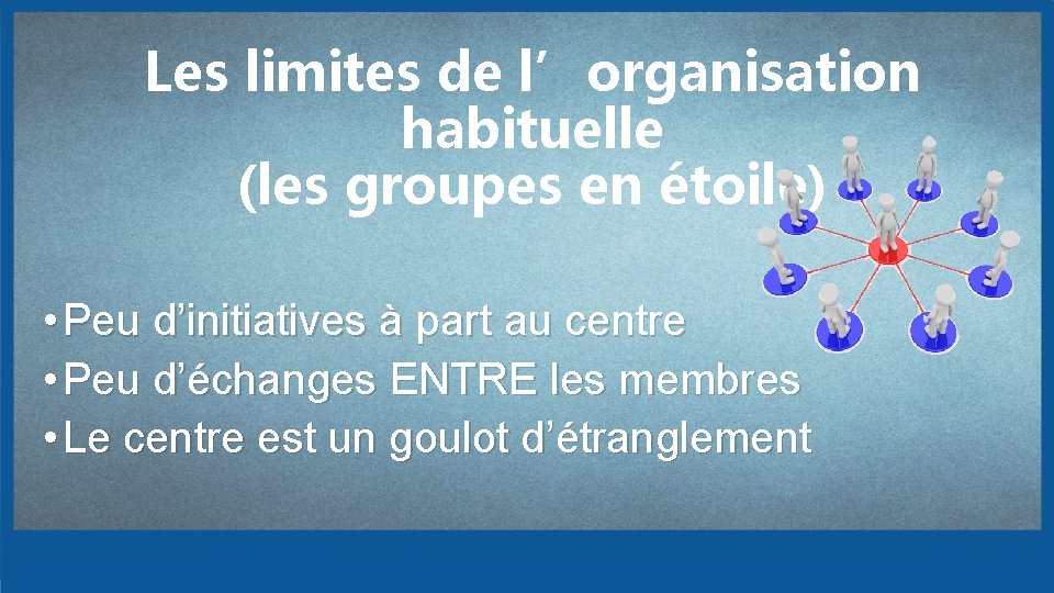 Les limites de l’organisation habituelle (les groupes en étoile) • Peu d’initiatives à part