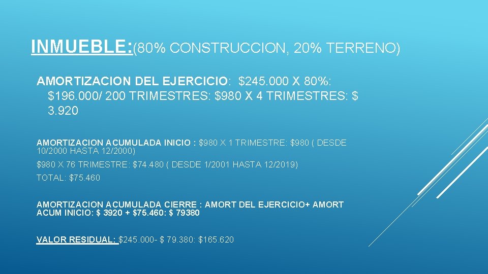 INMUEBLE: (80% CONSTRUCCION, 20% TERRENO) AMORTIZACION DEL EJERCICIO: $245. 000 X 80%: $196. 000/