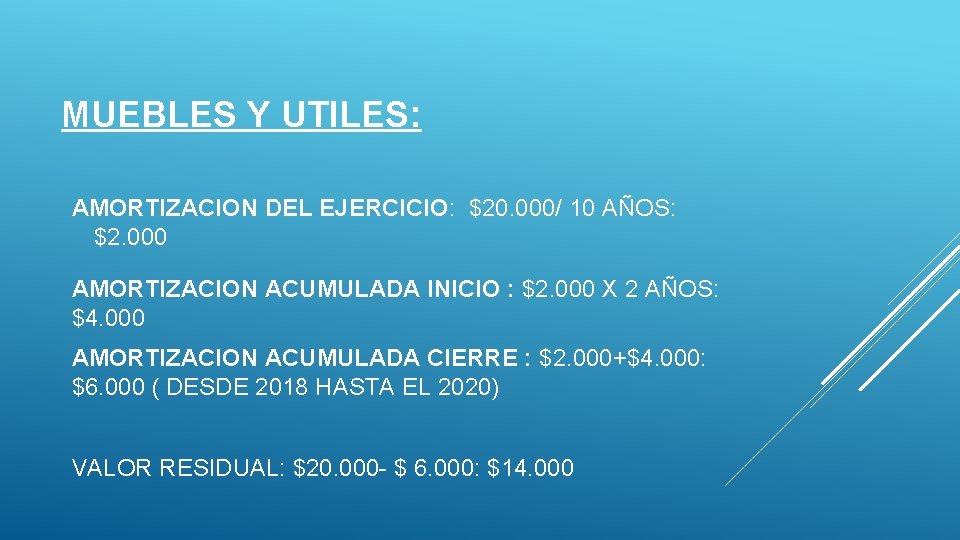 MUEBLES Y UTILES: AMORTIZACION DEL EJERCICIO: $20. 000/ 10 AÑOS: $2. 000 AMORTIZACION ACUMULADA