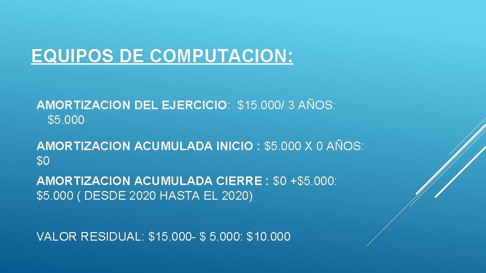 EQUIPOS DE COMPUTACION: AMORTIZACION DEL EJERCICIO: $15. 000/ 3 AÑOS: $5. 000 AMORTIZACION ACUMULADA