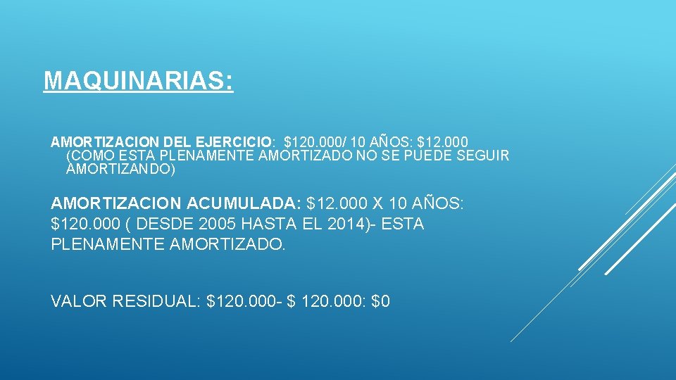 MAQUINARIAS: AMORTIZACION DEL EJERCICIO: $120. 000/ 10 AÑOS: $12. 000 (COMO ESTA PLENAMENTE AMORTIZADO