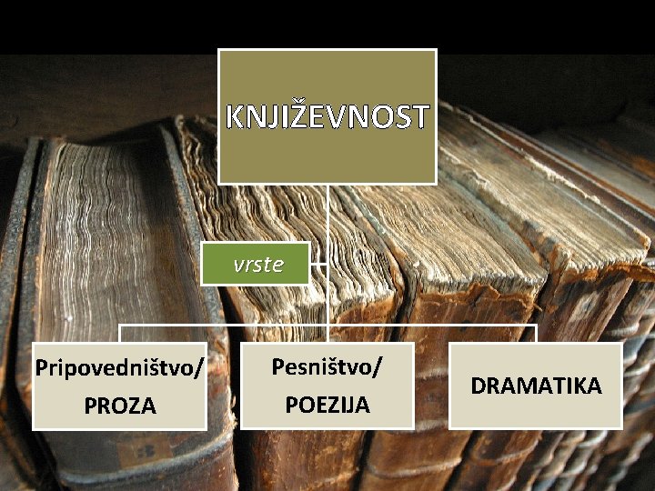 KNJIŽEVNOST vrste Pripovedništvo/ PROZA Pesništvo/ POEZIJA DRAMATIKA 