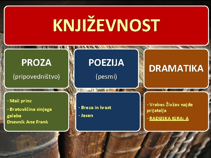 KNJIŽEVNOST PROZA POEZIJA (pripovedništvo) (pesmi) - Mali princ - Bratovščina sinjega galeba Dnevnik Ane