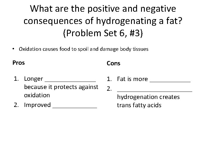 What are the positive and negative consequences of hydrogenating a fat? (Problem Set 6,