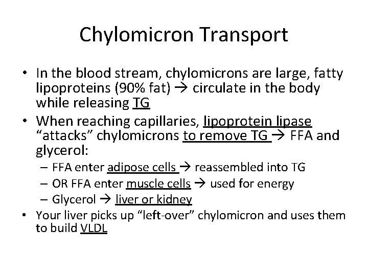 Chylomicron Transport • In the blood stream, chylomicrons are large, fatty lipoproteins (90% fat)