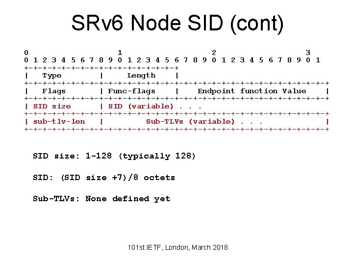 SRv 6 Node SID (cont) 0 1 2 3 4 5 6 7 8