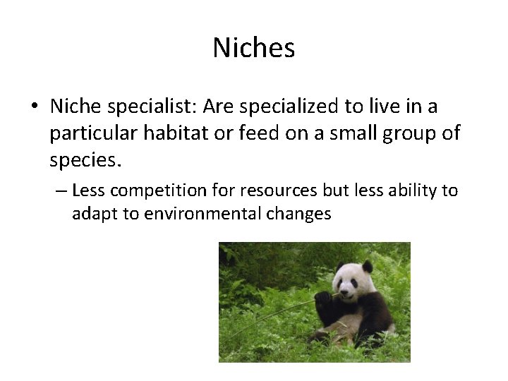 Niches • Niche specialist: Are specialized to live in a particular habitat or feed
