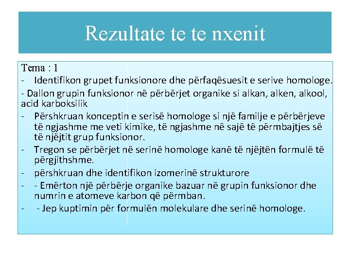 Rezultate te te nxenit Tema : 1 - Identifikon grupet funksionore dhe përfaqësuesit e