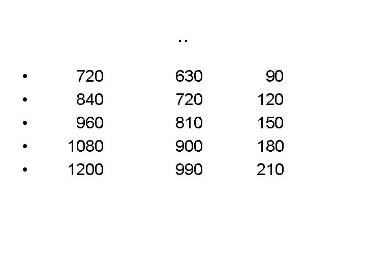 . . • • • 720 840 960 1080 1200 630 720 810 900