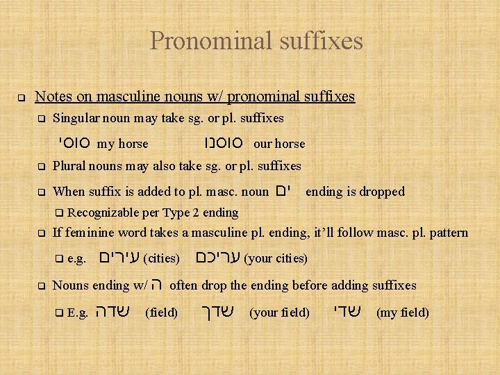 Pronominal suffixes q Notes on masculine nouns w/ pronominal suffixes q Singular noun may