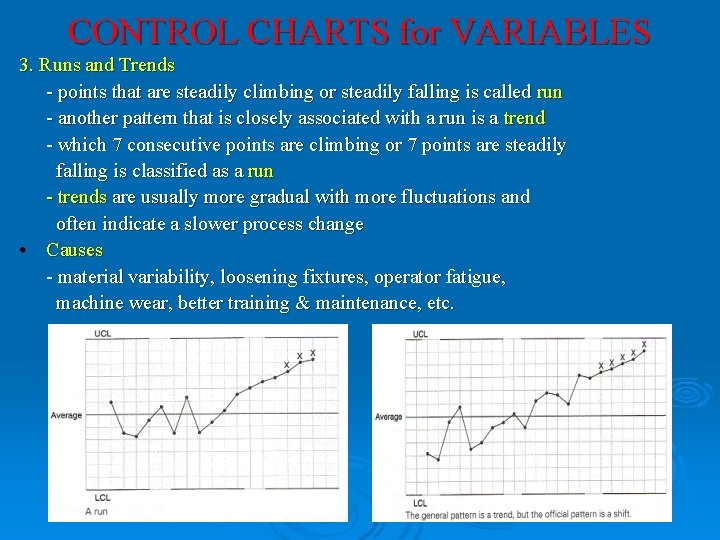 CONTROL CHARTS for VARIABLES 3. Runs and Trends - points that are steadily climbing CONTROL CHARTS for VARIABLES 3. Runs and Trends - points that are steadily climbing