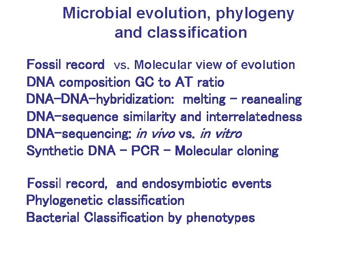 Microbial evolution, phylogeny and classification Fossil record vs. Molecular view of evolution DNA composition