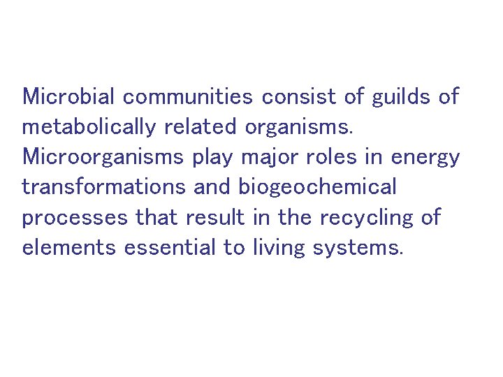 Microbial communities consist of guilds of metabolically related organisms. Microorganisms play major roles in