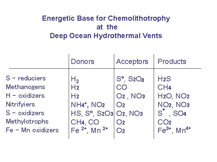 Energetic Base for Chemolithotrophy at the Deep Ocean Hydrothermal Vents S - reduciers Methanogens
