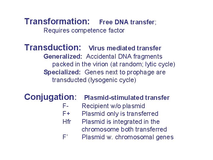 Transformation: Free DNA transfer; Requires competence factor Transduction: Virus mediated transfer Generalized: Accidental DNA
