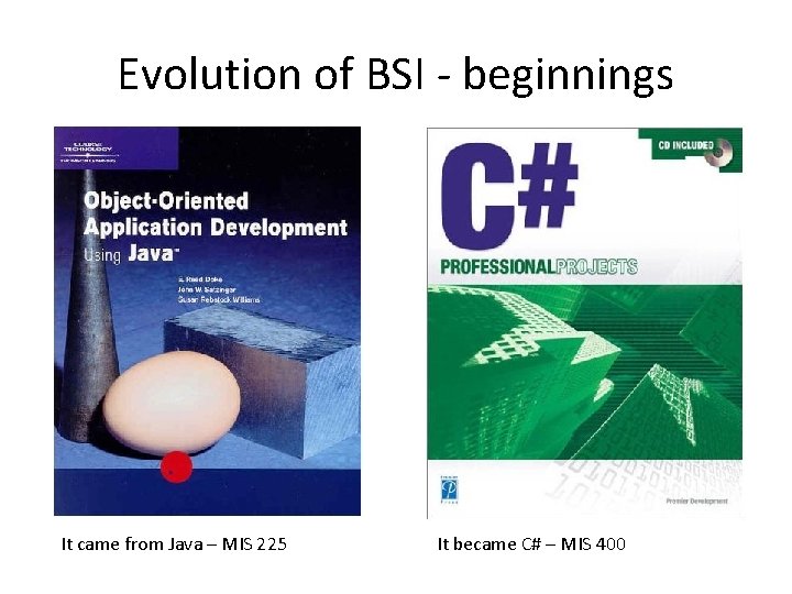 Evolution of BSI - beginnings It came from Java – MIS 225 It became